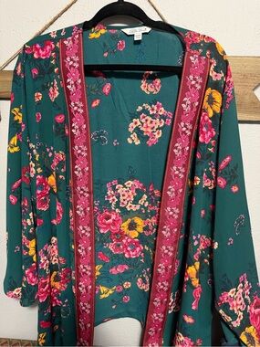 The Pioneer Woman Teal Floral Kimono Robe with Pink Trim